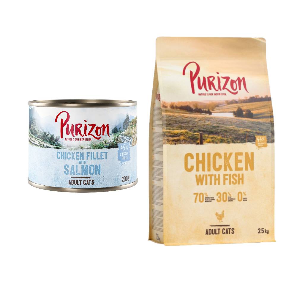 Purizon Kombi-Paket: 24 x 200 g Nassfutter + 2,5 kg Trockenfutter - Hühnerfilet mit Lachs + Original Huhn mit Fisch von Purizon