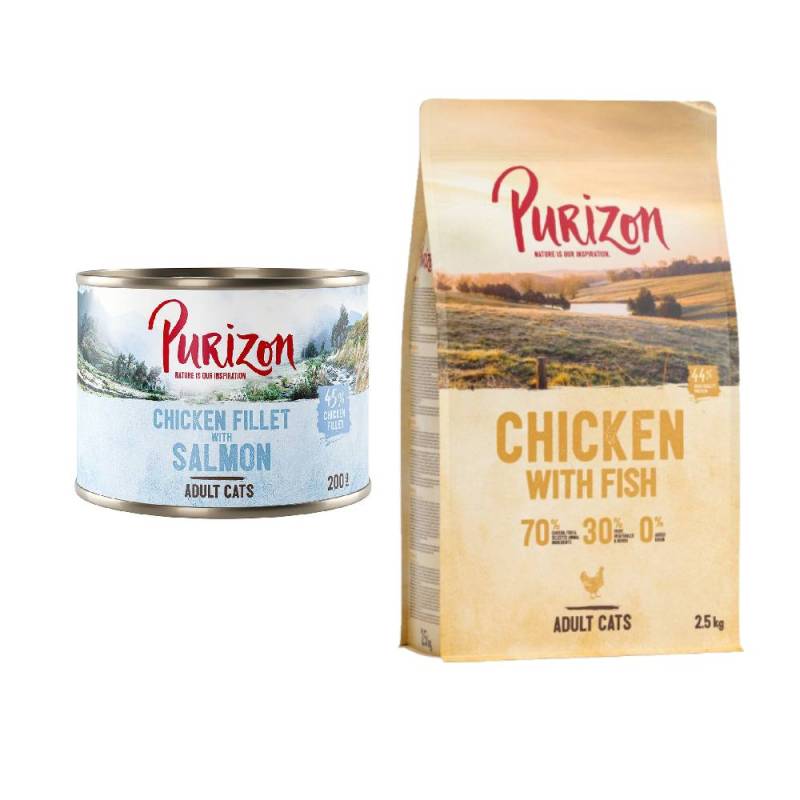 Purizon Kombi-Paket: 24 x 200 g Nassfutter + 2,5 kg Trockenfutter - Hühnerfilet mit Lachs + Original Huhn mit Fisch von Purizon