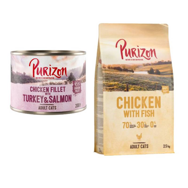 Purizon Kombi-Paket: 24 x 200 g Nassfutter + 2,5 kg Trockenfutter - Hühnerfilet mit Truthahn & Lachs + Original Huhn mit Fisch von Purizon