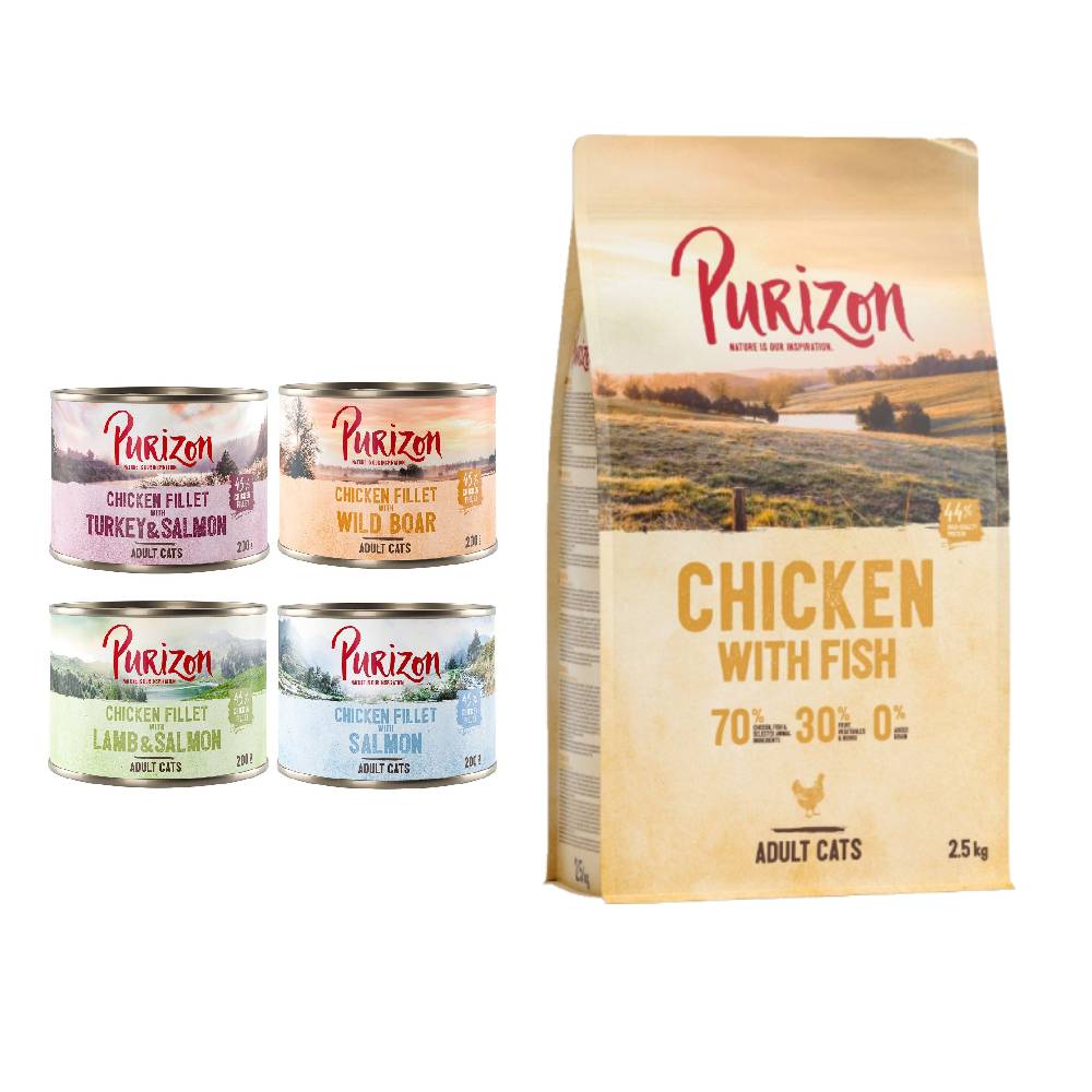 Purizon Kombi-Paket: 24 x 200 g Nassfutter + 2,5 kg Trockenfutter - Mix 4 Sorten + Original Huhn mit Fisch von Purizon