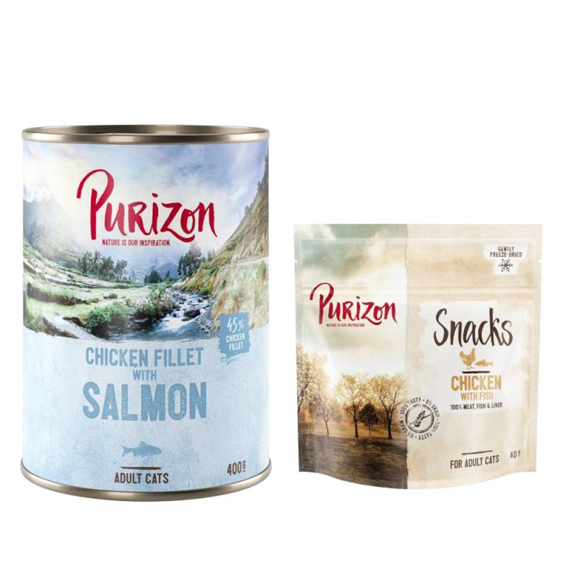 Purizon Kombi-Paket: Adult Nassfutter + Snack  - 24 x 400 g Hühnerfilet mit Lachs + 3 x 40 g Huhn mit Fisch von Purizon