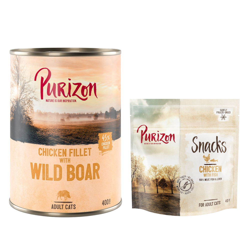 Purizon Kombi-Paket: Adult Nassfutter + Snack  - 24 x 400 g Hühnerfilet mit Wildschwein + 3 x 40 g Huhn mit Fisch von Purizon