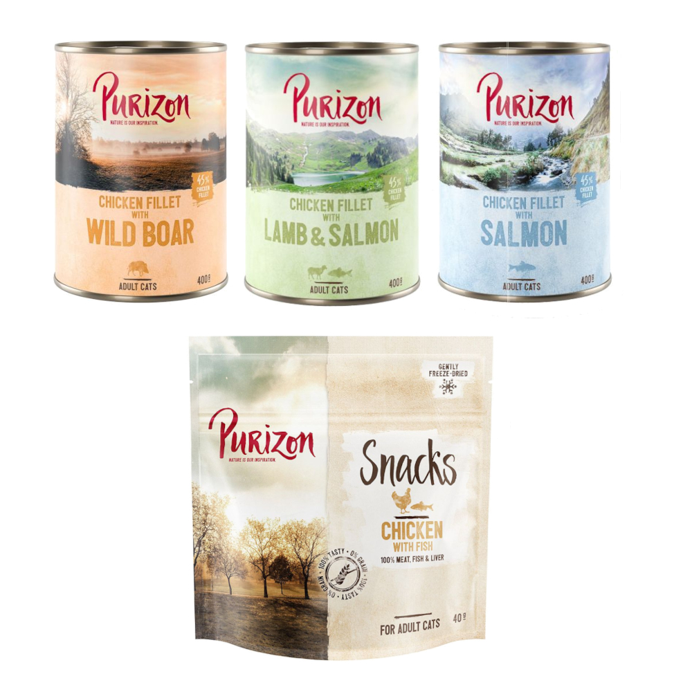 Purizon Kombi-Paket: Adult Nassfutter + Snack  - 24 x 400 g Mixpaket (8 x Wildschwein, 8 x Lachs, 8 x Lamm) + 3 x 40 g Huhn mit Fisch von Purizon