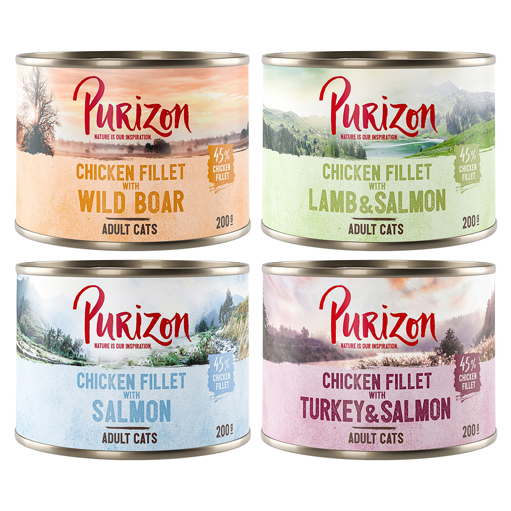 Purizon Original 24 x 200 g - getreidefrei - Mixpaket (6 x Lachs, 6 x Wildschwein, 6 x Lachs & Lamm, 6 x Pute) von Purizon