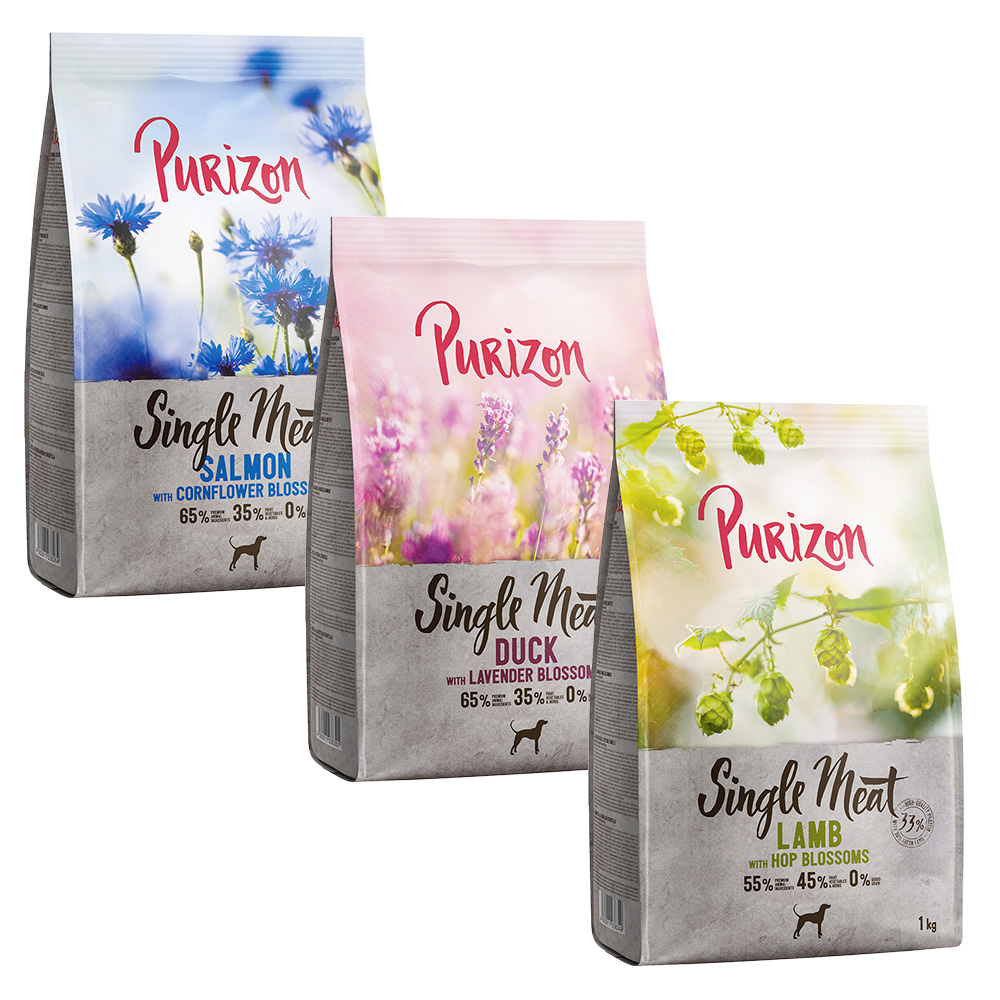 Purizon Single Meat Probierpaket 3 x 1 kg - Pferd mit Süßkartoffel und Ringelblumen, Lachs mit Spinat und Kornblumenblüten, Ente mit Apfel und Lavenderblüten von Purizon