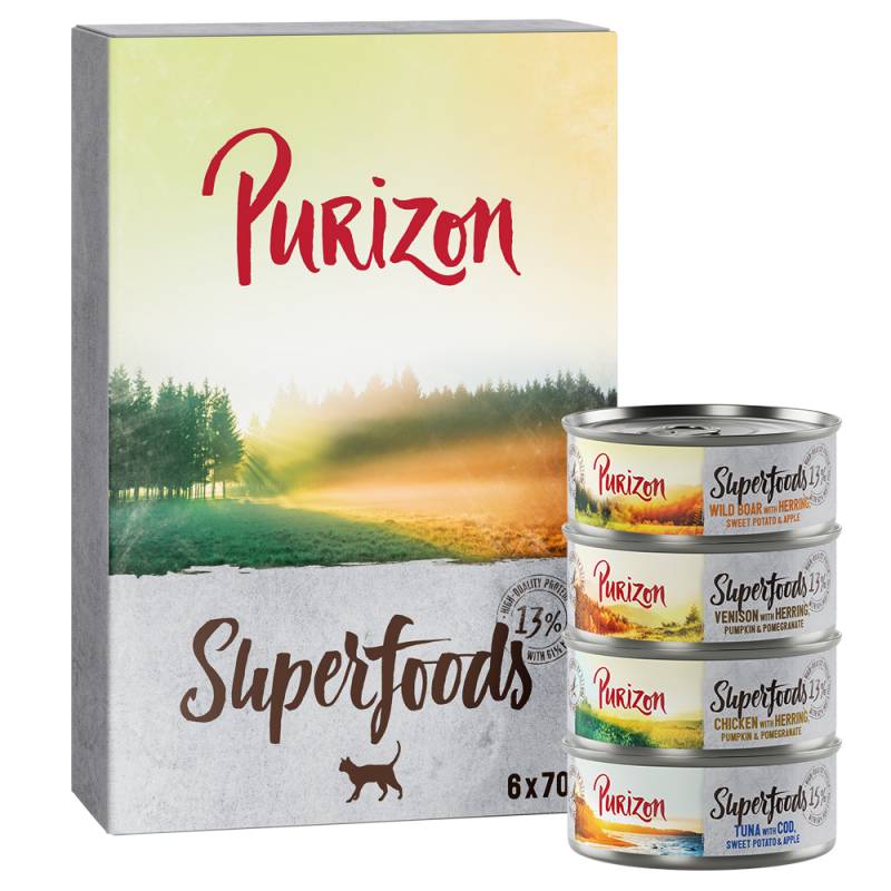 Purizon Superfoods 24 x 70 g - Mixpaket (8xHuhn, 8xThunfisch, 4xWildschwein, 4xWild) von Purizon