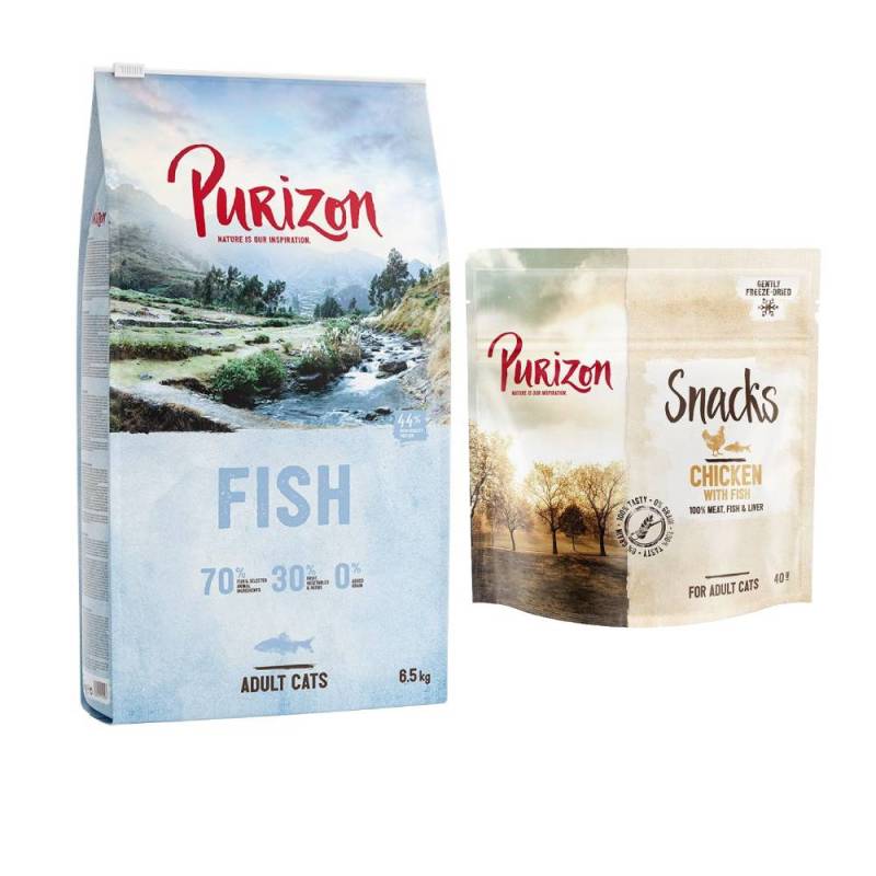 Purizon getreidefrei Kombi-Paket: 6,5 kg Trockenfutter + 3 x 40 g Snack - Original Fisch + Huhn mit Fisch von Purizon