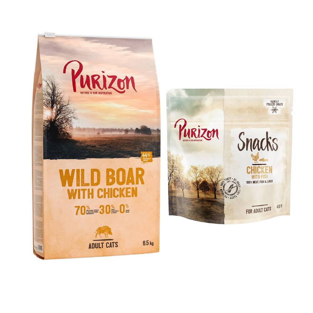 Purizon getreidefrei Kombi-Paket: 6,5 kg Trockenfutter + 3 x 40 g Snack - Original Wildschwein & Huhn +  Huhn mit Fisch von Purizon