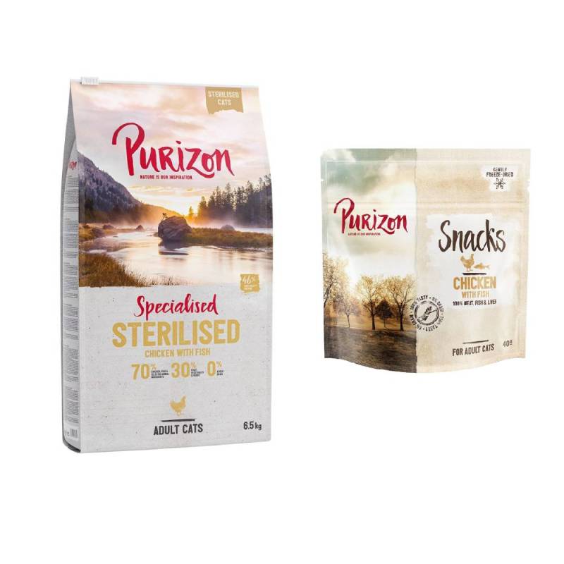 Purizon getreidefrei Kombi-Paket: 6,5 kg Trockenfutter + 3 x 40 g Snack - Sterilised Adult Huhn & Fisch + Huhn mit Fisch von Purizon