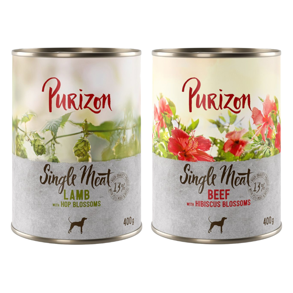 Sparpaket Purizon Single Meat 12 x 400 g - Mix: 6x Rind mit Hibiskusblüten, 6x Lamm mit Hopfenblüten Sparpaket Purizon Single Meat 12 x 400 g - Mix: 6x Rind mit Hibiskusblüten, 6x Lamm mit Hopfenblüten von Purizon