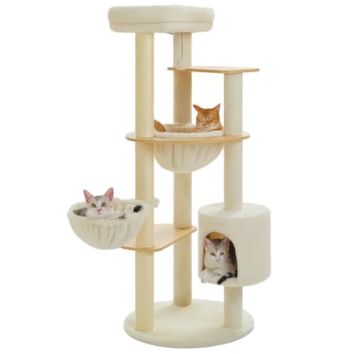 PurpurRain Katzenbaum, mehrstufiger Katzenturm für Hauskatzen, Katzenkletterbaum-Condo mit Sisal überzogenen Kratzpfosten, tiefer Hängematte und interaktivem Katzenspielzeug, Grau 105cm (BG-136cm) von PurpleRain