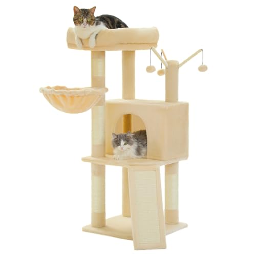 PurpurRain Katzenbaum, mehrstufiger Katzenturm für Hauskatzen, Katzenkletterbaum-Condo mit Sisal überzogenen Kratzpfosten, tiefer Hängematte und interaktivem Katzenspielzeug, Grau 105cm (Beige) von PurpleRain