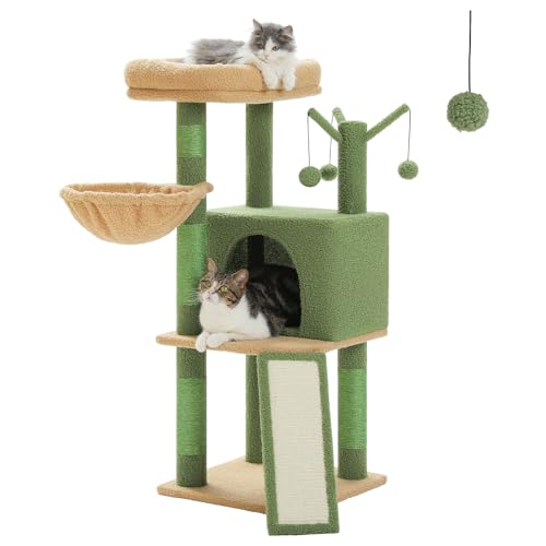 PurpurRain Katzenbaum, mehrstufiger Katzenturm für Hauskatzen, Katzenkletterbaum-Condo mit Sisal überzogenen Kratzpfosten, tiefer Hängematte und interaktivem Katzenspielzeug, Grau 105cm (Grün) von PurpleRain