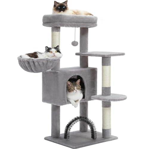 PurpurRain 105cm Katzenbaum, mehrstufiger Katzenturm für Hauskatzen, Katzenkletterbaum-Condo mit Sisal überzogenen Kratzpfosten, tiefer Hängematte und interaktivem Katzenspielzeug von PurpurRain