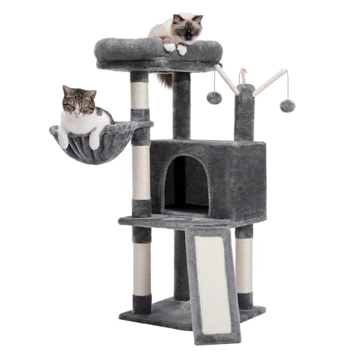 PurpurRain Katzenbaum 105cm, mehrstufiger Katzenturm für Hauskatzen, Katzenkletterbaum-Condo mit Sisal überzogenen Kratzpfosten, tiefer Hängematte und interaktivem Katzenspielzeug, Grau (Grau) von PurpurRain