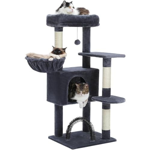 PurpurRain Katzenbaum, mehrstufiger Katzenturm für Hauskatzen, Katzenkletterbaum-Condo mit Sisal überzogenen Kratzpfosten, tiefer Hängematte und interaktivem Katzenspielzeug, Grau 105cm (Dunkelgrau) von PurpurRain