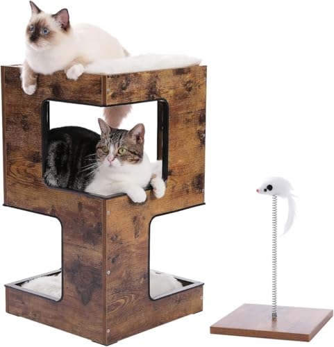 PurpurRain Kleiner moderner Katzenbaum für Indoor-Katzen, 59,9 cm Holz-Katzenmöbel, Katzenturm mit kostenlosem Katzenspielzeug, Kratzunterlage und abnehmbaren weichen Matten für Kätzchen (Braun) von PurpurRain