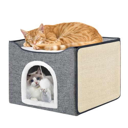 Purr&Khead Katzenbett für Hauskatzen mit Kissen und austauschbarer Kratzmatte, große Katzenhöhle für Haustier-Katzenhaus mit flauschigem Ball, faltbares Katzenversteck, 41,9 x 41,9 x 33 cm (grau) von Purr&Khead