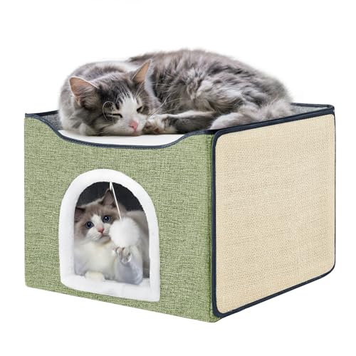 Purr&Khead Katzenbett für Indoor-Katzen mit Kissen und austauschbarer Kratzmatte, große Katzenhöhle für Haustier-Katzenhaus mit flauschigem Ball, faltbares Katzenversteck, 41,9 x 41,9 x 33 cm (grün) von Purr&Khead