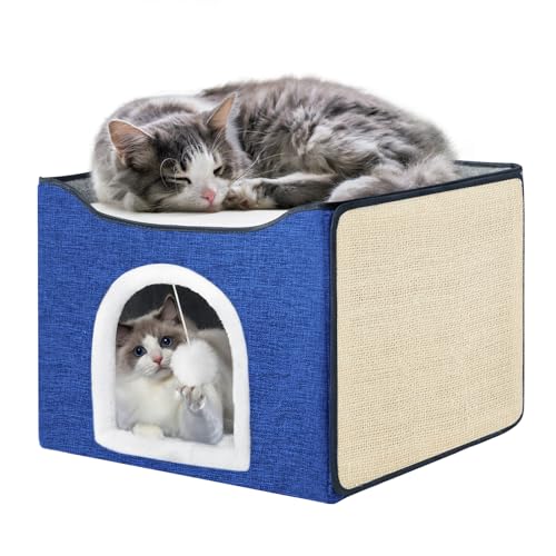 Purr&Knead Katzenbett für Indoor-Katzen mit großer, austauschbarer Kratzmatte, Katzenhöhle mit hängendem Spielzeugball, faltbares Katzenversteck, überdachtes Katzenbett, Höhle für Katzenhaus von Purr&Knead