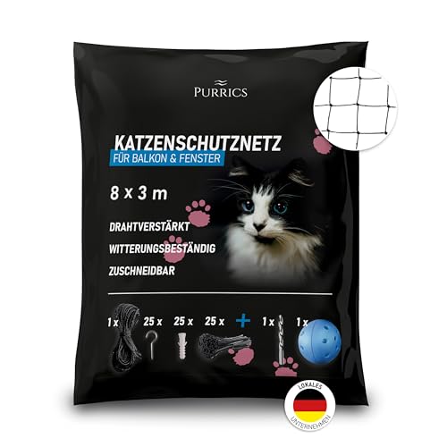 Purrics Katzennetz für Balkon & Fenster [Drahtverstärkt] | ohne Bohren | Katzennetz drahtverstärkt | wetterbeständig & bissfest | Befestigungsset inklusive | Katzengitter |Katzenschutznetz (8x3m) von Purrics