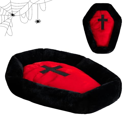 Purrzone Katzenbetten für Indoor-Katzen, Gothic-Katzenbetten, passend für bis zu 11,3 kg, waschbares Sarg-Katzenbett, flauschiges Haustierbett, Halloween-Haus, 61 x 42 cm, Rot und Schwarz von Purrzone