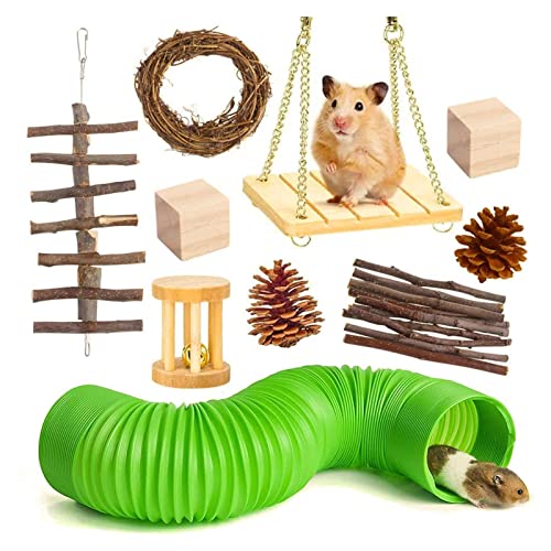 Pursue 10 Pack Hamster-Kauspielzeug Naturholz-Rennmäuse Ratten Chinchillas Spielzeug Zubehör Hanteln Übungsglocke Zahnpflege Backenspielzeug für Meerschweinchen Hasen von Pursue