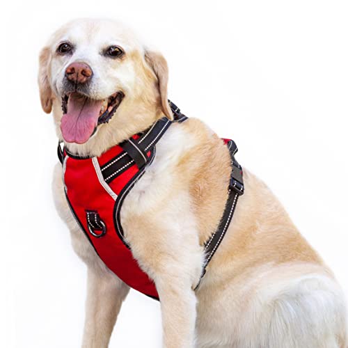 Puwihoe Hundegeschirr ohne Ziehen, reflektierend, mit einfachem Griff und Clips vorne und hinten, verstellbar, atmungsaktiv, weich gepolstert, für große, mittelgroße und kleine Hunde, rot, XL von Puwihoe