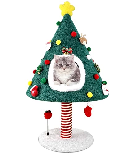 PuzzlePaw 93.0 cm Christmas Cat Tree Tower with Sisal Scratching Post Scratcher for Indoor Cats Christmas Decor Cute Cat House Furniture Cat Nest Bed with Hanging Sock Toys and Spring Gift Box Toy von PuzzlePaw