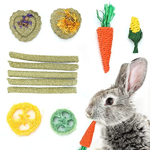 11 Kaninchen Kauspielzeug, Hamster Meerschweinchen Kleintier Kauspielzeug für Zähne Mischgras, Backengraskuchen, Timothy Heu Sticks, Mais, Karotte passend für Hase, Chinchilla,Murmeltier,Hamster von Pwsap