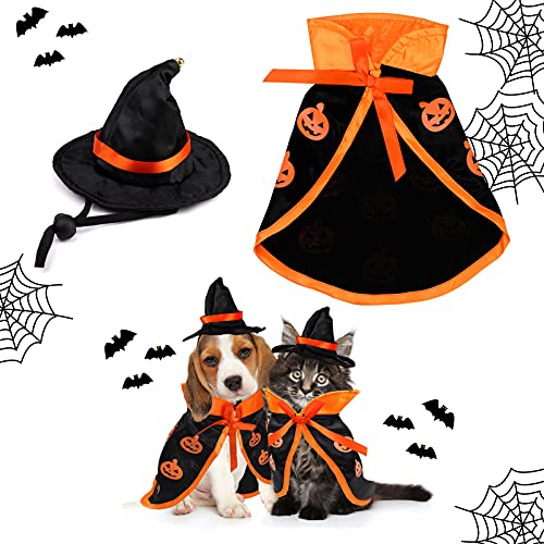 Halloween Haustier Zauberer Kostüm mit Hut, Nettes Katzen Kleine Hunde Weiche Kleidung Outfit Hexenumhang, Haustiere Cosplay Kostüm Kleidung für Kleine Hunde Katzen Welpen, Halloween Magie Party von Pwsap