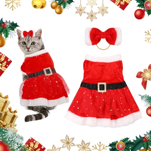 Haustier Weihnachtskostüm, Süßes Katze Hund Weihnachtskleid mit Haarband, Rot Katzen Samtrock Hunde Weihnachtskostüm für Welpen Kätzchen Katzen Kleine Hunde Haustiere Weihnachten Cosplay Party, S von Pwsap