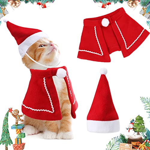 Haustier Weihnachtskostüm Set, Katzen Weihnachtsumhang und Verstellbare Weihnachtsmütze, Schönes Hundekostüm für Weihnachten Neujahr, Haustiere Cosplay Kostüm Kleidung für Kleine Hunde Katzen Welpen von Pwsap