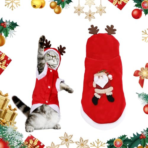 Haustier Weihnachtskostüm mit Rentierhut, Rote Hundekostüm Katzenmantel, Warme Weihnachtsmann Hoodie Kleidung für Mittelgroße Katzen Hunde Haustiere, für Cosplay Party Weihnachten Neujahr, M Größe von Pwsap