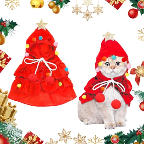 Katze Hund Umhang Weihnachtsbaumform, Hundekostüm Weihnachtsumhang mit Sternenhut, Haustier Weihnachtskostüm für Welpen Kätzchen Katzen kleine Hunde Haustiere, für Weihnachten Cosplay Party, Rot von Pwsap