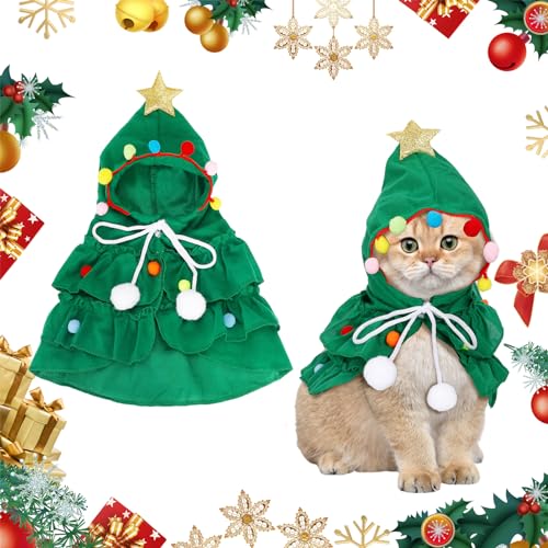 Katze Hund Umhang Weihnachtsbaumform, Hundekostüm Weihnachtsumhang mit Sternenhut, Haustier Weihnachtskostüm für Welpen Kätzchen Katzen kleine Hunde Haustiere, für Weihnachten Cosplay Party, Grün von Pwsap