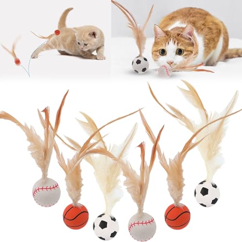 Interactive Feather Ball Toy Set for Cats, Feather BouncyBall Cat Toy, Bouncy Ball with Feathers forCats (6Pcs,one Size) von Pwzoax