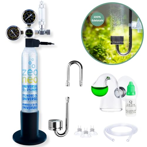 Q-Grow CO2 Anlage Aquarium Komplettset – einfach und universell - Inkl. Edelstahl Diffusor, Dauertest, Druckminderer, 425g CO2 Flasche,bis 1000L von Q Grow Innovative Aqua Tools