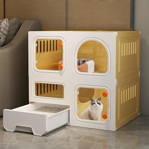 Large Indoor Cat Cage with Litter Box, Multi-Level Cat Condo, DIY Pet Playpen, Spacious Cat Enclosure for 1-2 Cats, Sturdy Metal Cat Kennel with Pull-Out Tray(Yellow,27.9" L x 18.3" W x 27.9" H) von QAONEAY