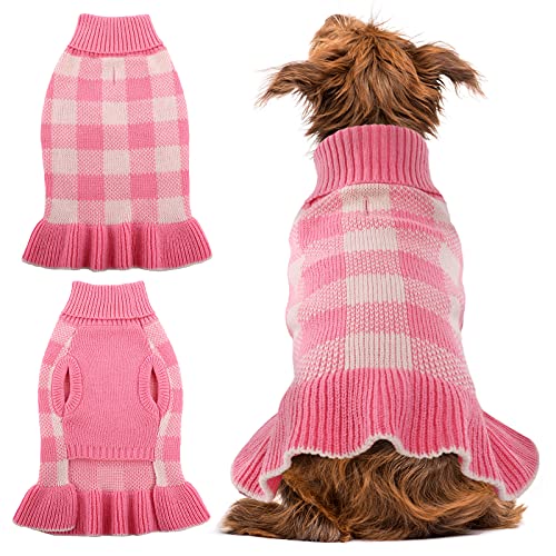 Haustier-Pullover für kleine und mittelgroße Hunde, Strickwaren, warmer Rollkragenpullover für Welpen, niedliches Karomuster, gemütliches Haustier-Herbst-Winter-Kleidung (M, Pink) von QBLEEV