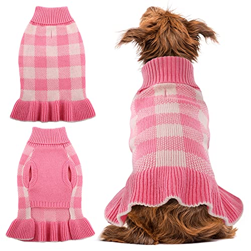 Haustier-Pullover für kleine und mittelgroße Hunde, Strickwaren, warmer Rollkragenpullover für Welpen, niedliches Karomuster, gemütliches Haustier-Herbst-Winter-Kleidung (XL, Pink) von QBLEEV
