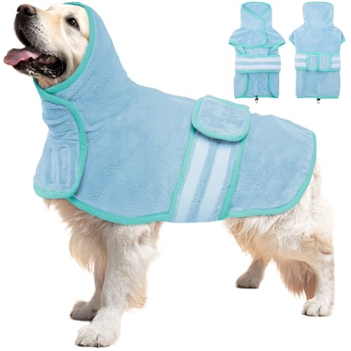 QBLEEV Hunde-Bademantel, schnell trocknend, verstellbares Halsband und Bauchgurt, schnell trocknender Mantel, um den Hund warm zu halten, nach dem Baden, Blau (2XL) von QBLEEV