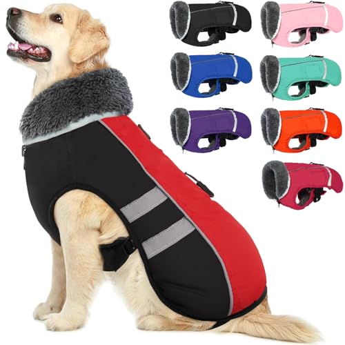 Warmer Hundemantel, reflektierend, wasserdicht, Winddicht, Hundejacke mit Rollkragen für kaltes Wetter, Dickes Fleecefutter, Haustier-Outfit, verstellbare Haustierweste für alle Hundegrößen von QBLEEV