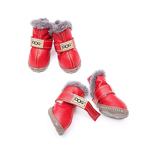 QBZUVDFCS 4 PC/Set Art und Weise Hunde Winter Schnee Stiefel Leder Hundeschuhe for wasserdichte Anti-Rutsch-Haustier-Schuhe for kleine Hunde - 5 Größen(Color:Red,Size:3) von QBZUVDFCS