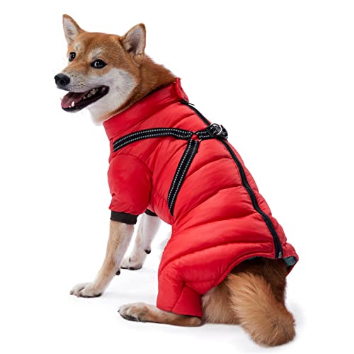 QBZUVDFCS Hunde Winter Warme Flauschige Jacke Overalls for kleine mittelgroße Hunde wasserdichte Reißverschluss Hund Mantel mit Gurtzeflektierende Hundekleidung(Color:Red,Size:18) von QBZUVDFCS
