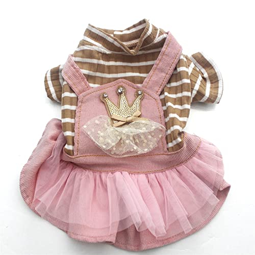 QBZUVDFCS Hundekatze Cord-Kabel-Kleid-Hemd Striped & Spitze Katze Welpenband Rock Herbstkleid Outfit(Dress Pink,Medium) von QBZUVDFCS