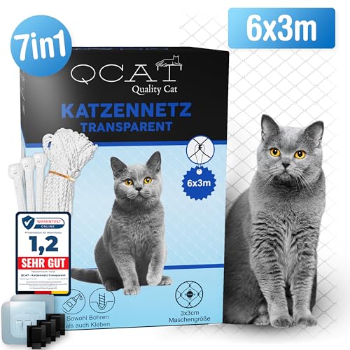 CAT 7in1 Katzennetz für Balkon | universell, ohne Bohren, reißfest, Anpassungsfähig | Balkonnetz Fensterschutz Katzengitter Katzenschutz f. Katzen f. Fenster Balkon Terrasse (6x3m, transparent) von QCAT QualityCat