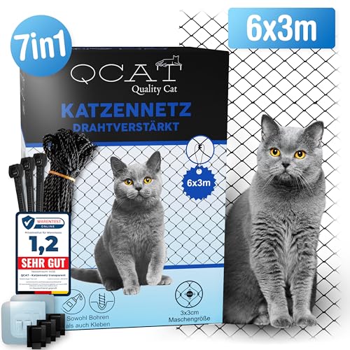 QCAT 7in1 Katzennetz für Balkon [EXTRA DRAHTVERSTÄRKT] | Universell, ohne Bohren, Anpassungsfähig | Balkonnetz, Fensterschutz, Katzengitter, Katzenschutz f. Katzen f. Fenster Balkon (6x3m, Schwarz) von QCAT QualityCat