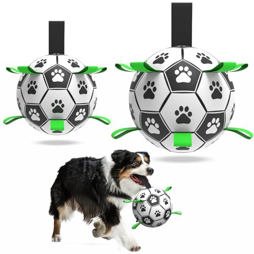 QDAN 2-teiliges Hundespielzeug-Fußball-Set mit Riemen, interaktives Hundespielzeug zum Tauziehen, Welpengeburtstagsgeschenke, Wasserspielzeug, langlebige Hundebälle für mittelgroße und große Hunde von QDAN