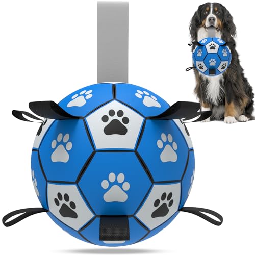 QDAN Extra großes Hundespielzeug, Fußball, langlebige Hundebälle für extra große Hunde mit Gurten, interaktives Hundespielzeug mit Gurt zum Ziehen des Krieges (22,9 cm) von QDAN